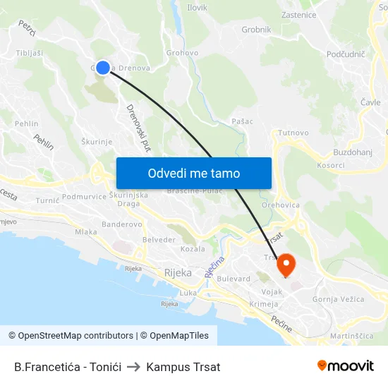 B.Francetića - Tonići to Kampus Trsat map