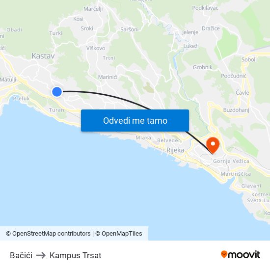 Bačići to Kampus Trsat map