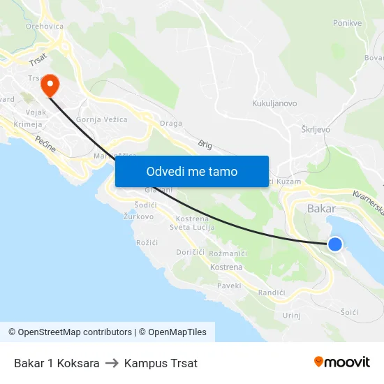 Bakar 1 Koksara to Kampus Trsat map