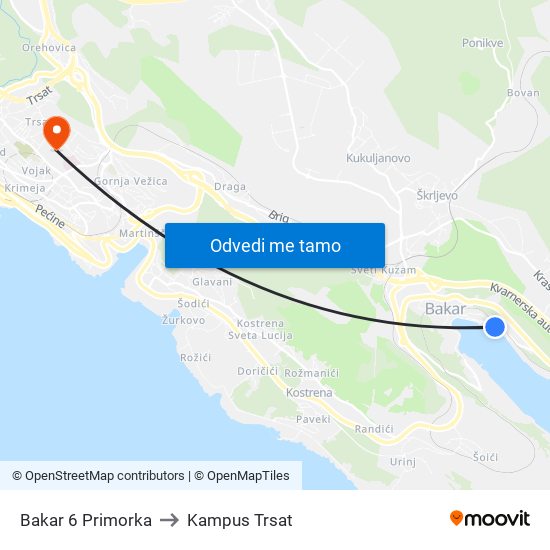 Bakar 6 Primorka to Kampus Trsat map