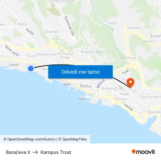 Baračeva II to Kampus Trsat map