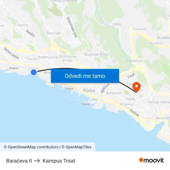 Baračeva II to Kampus Trsat map