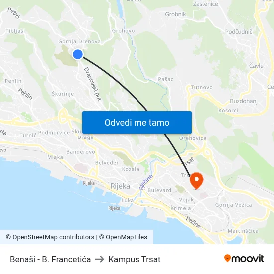Benaši - B. Francetića to Kampus Trsat map