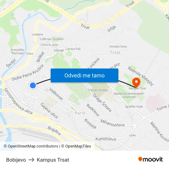 Bobijevo to Kampus Trsat map