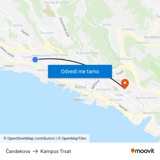 Čandekova to Kampus Trsat map