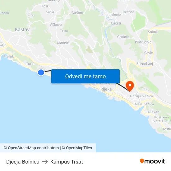 Dječja Bolnica to Kampus Trsat map