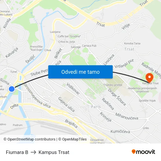 Fiumara  B to Kampus Trsat map