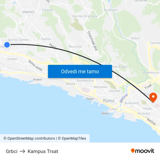 Grbci to Kampus Trsat map