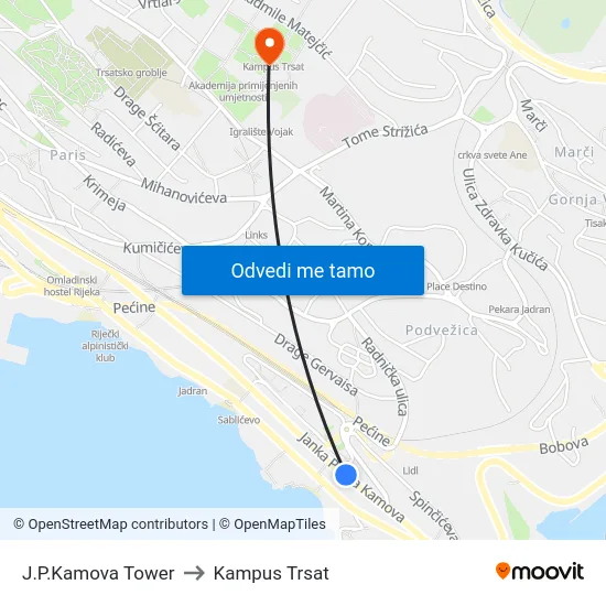 J.P.Kamova Tower to Kampus Trsat map