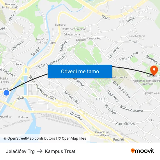 Jelačićev Trg to Kampus Trsat map