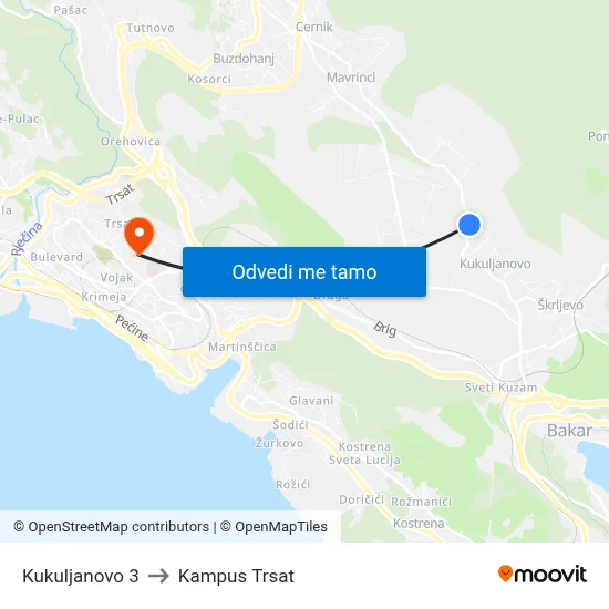 Kukuljanovo 3 to Kampus Trsat map