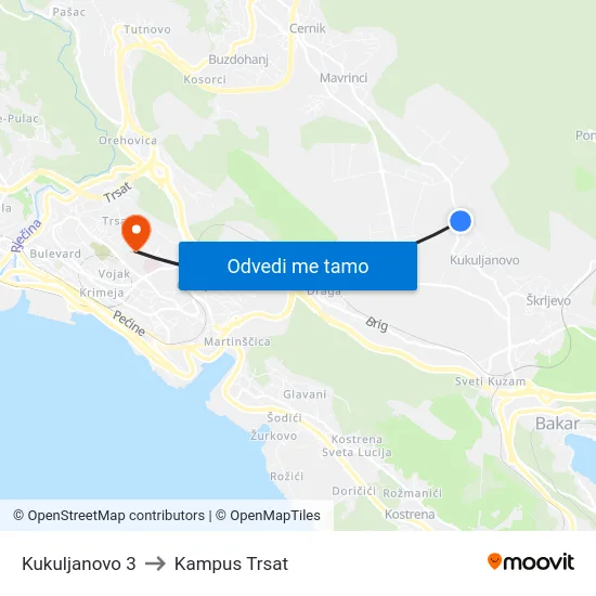 Kukuljanovo 3 to Kampus Trsat map