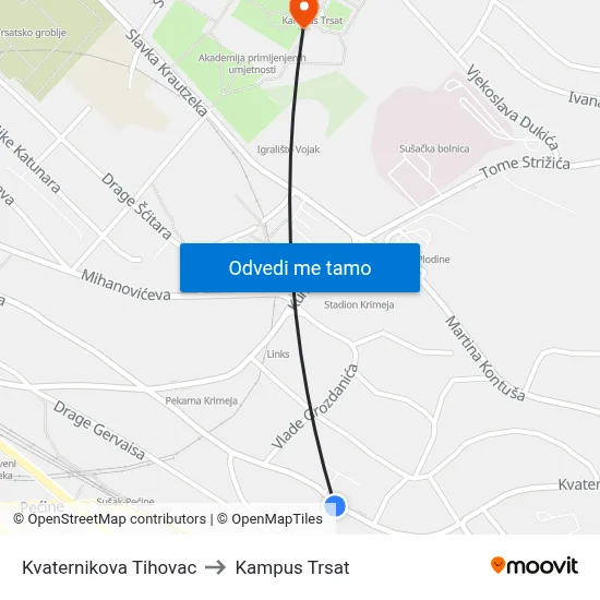 Kvaternikova Tihovac to Kampus Trsat map