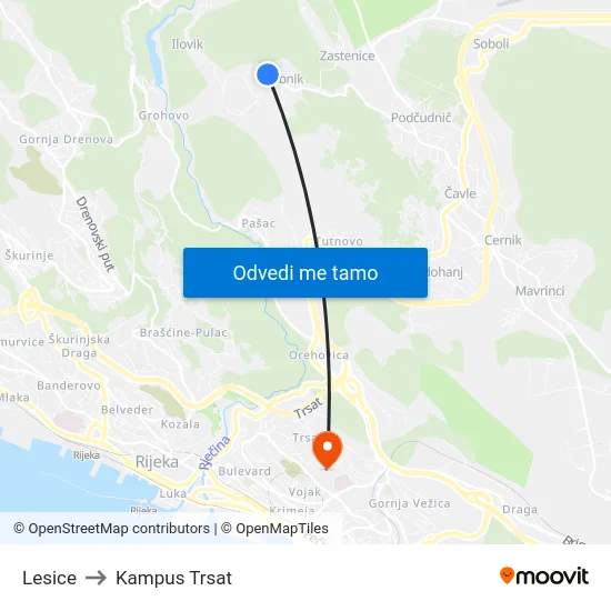 Lesice to Kampus Trsat map