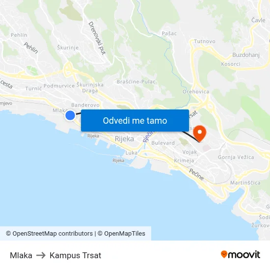 Mlaka to Kampus Trsat map