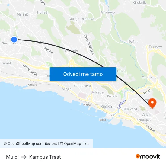 Mulci to Kampus Trsat map