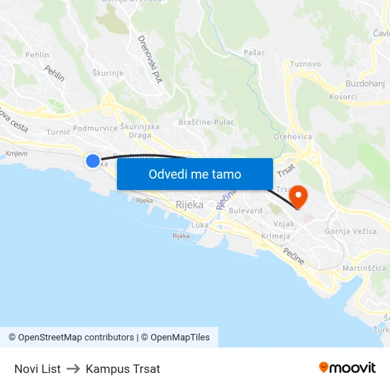 Novi List to Kampus Trsat map