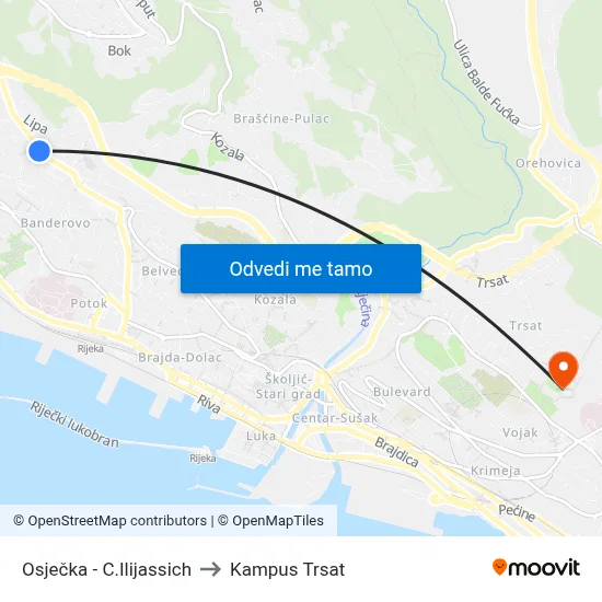 Osječka - C.Ilijassich to Kampus Trsat map