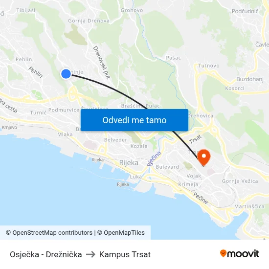 Osječka - Drežnička to Kampus Trsat map