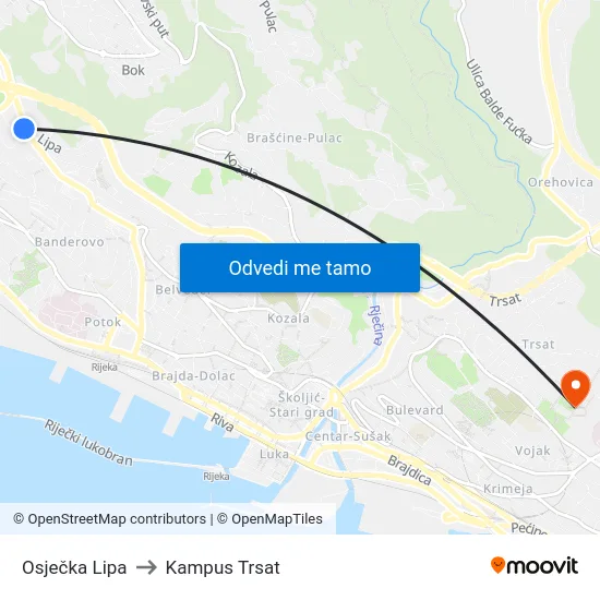 Osječka Lipa to Kampus Trsat map