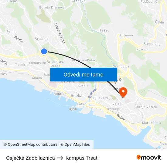 Osječka Zaobilaznica to Kampus Trsat map