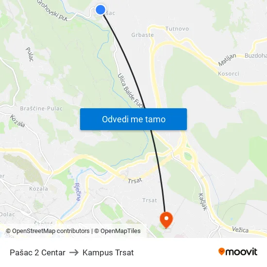 Pašac 2 Centar to Kampus Trsat map