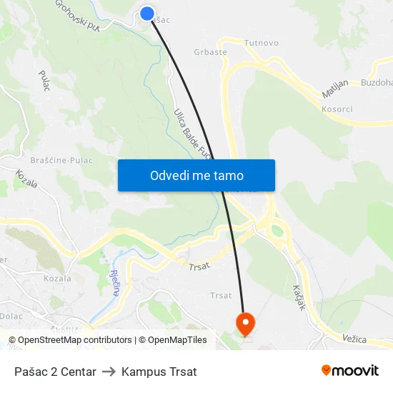 Pašac 2 Centar to Kampus Trsat map