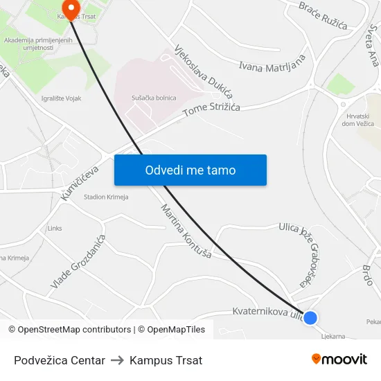 Podvežica  Centar to Kampus Trsat map