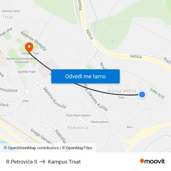 R.Petrovića II to Kampus Trsat map