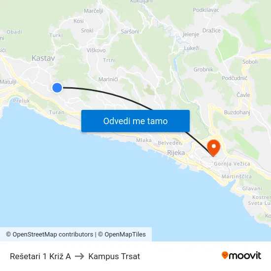 Rešetari 1 Križ A to Kampus Trsat map