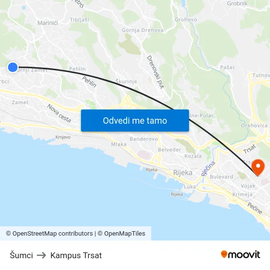 Šumci to Kampus Trsat map