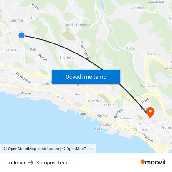 Turkovo to Kampus Trsat map