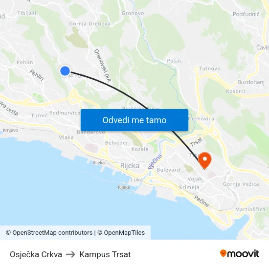 Osječka Crkva to Kampus Trsat map