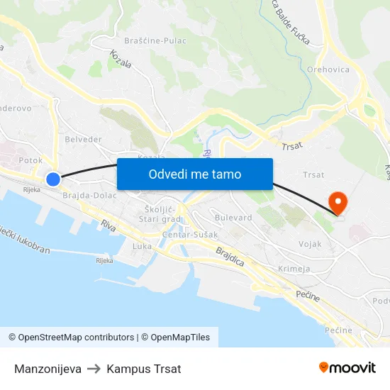 Manzonijeva to Kampus Trsat map