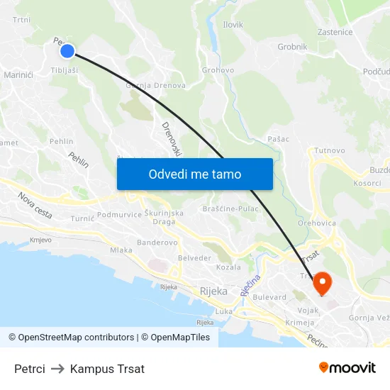 Petrci to Kampus Trsat map