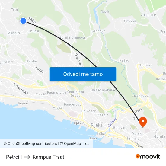 Petrci I to Kampus Trsat map