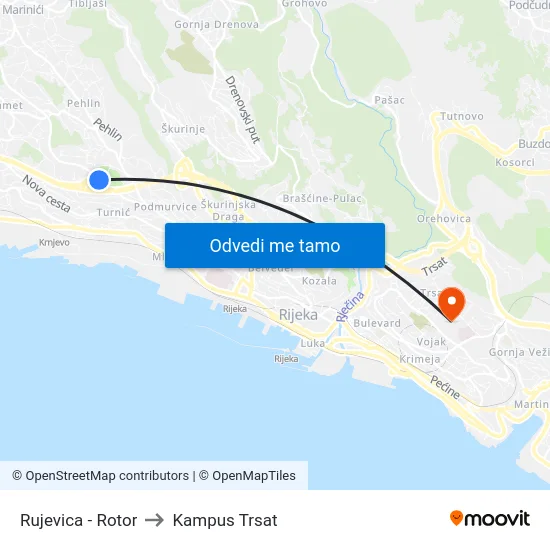 Rujevica - Rotor to Kampus Trsat map