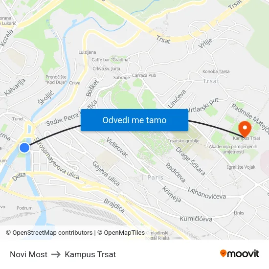 Novi Most to Kampus Trsat map