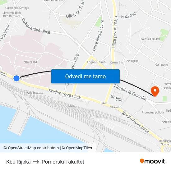 Kbc Rijeka to Pomorski Fakultet map