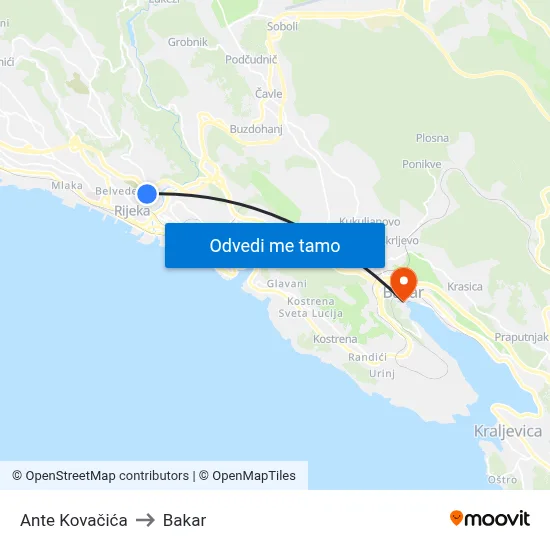 Ante Kovačića to Bakar map