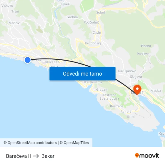 Baračeva II to Bakar map