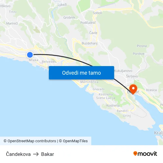 Čandekova to Bakar map