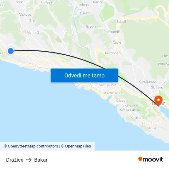 Dražice to Bakar map