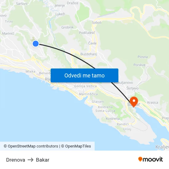 Drenova to Bakar map