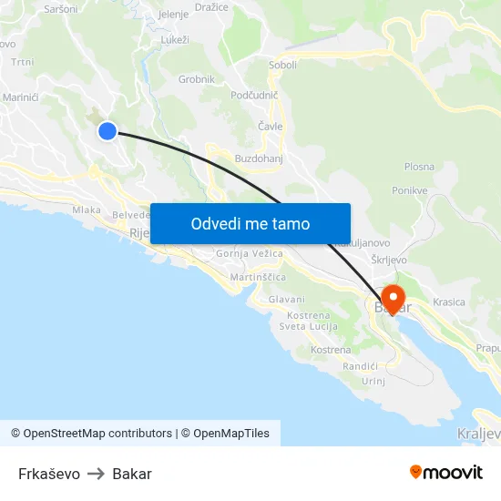 Frkaševo to Bakar map
