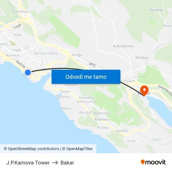 J.P.Kamova Tower to Bakar map
