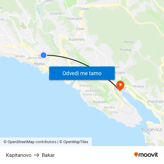 Kapitanovo to Bakar map