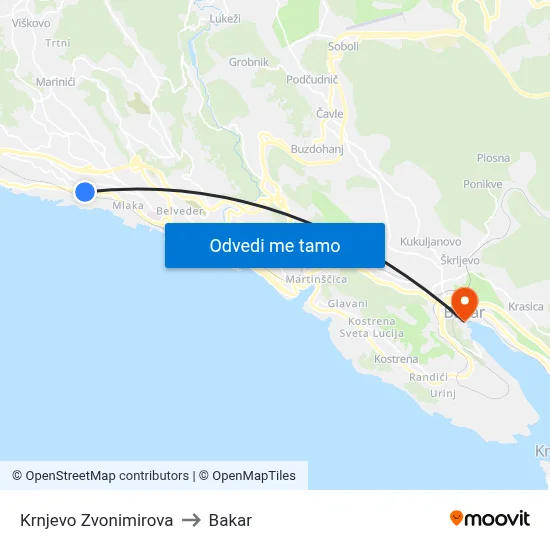 Krnjevo Zvonimirova to Bakar map