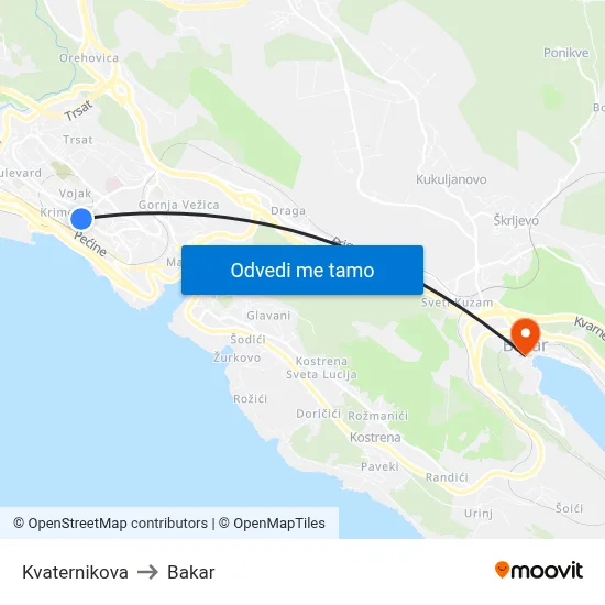 Kvaternikova to Bakar map