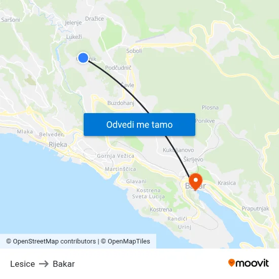 Lesice to Bakar map